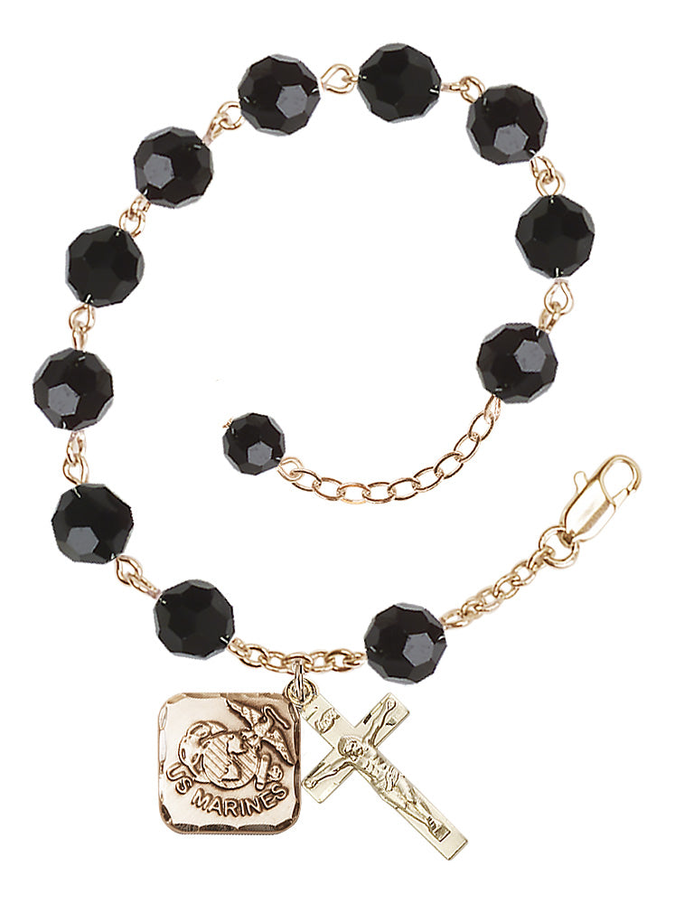 Marines Diamond Rosary Bracelet, 8mm Austrian Crystal - Gold Plate - Jet