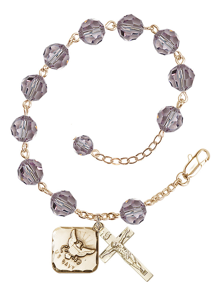 Navy Diamond Rosary Bracelet, 8mm Austrian Crystal - Gold Plate - Light Amethyst