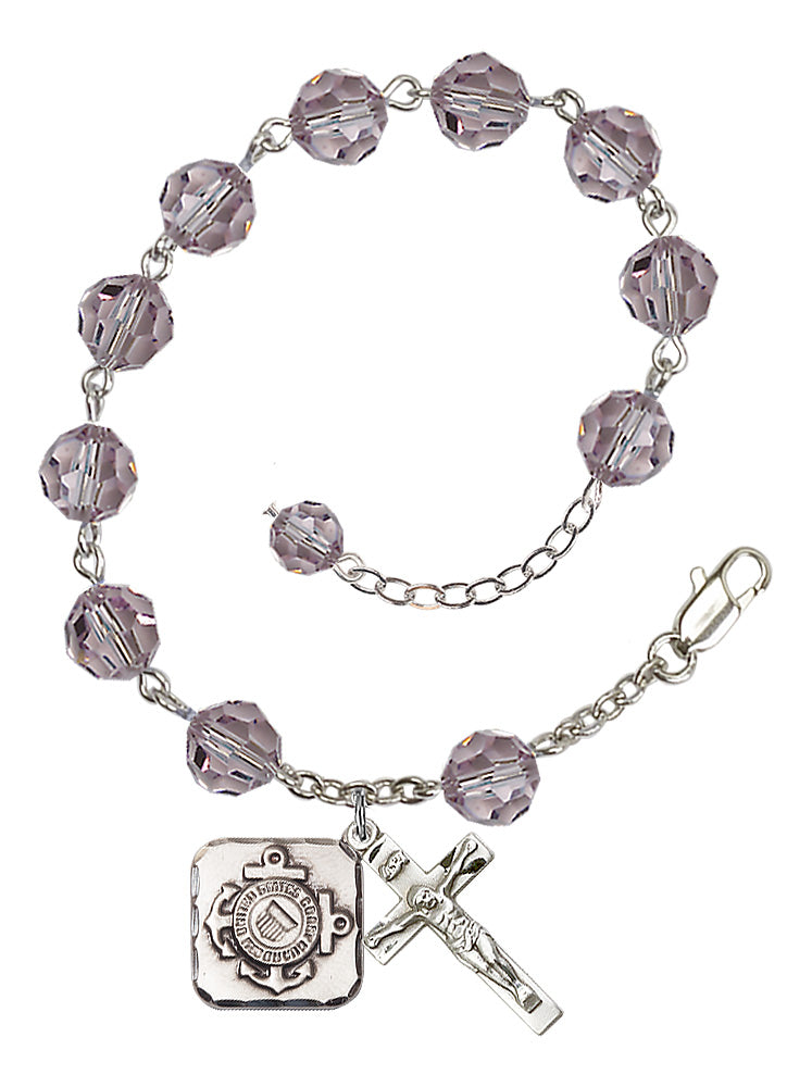Coast Guard Diamond Rosary Bracelet, 8mm Austrian Crystal - Silver Plate - Light Amethyst