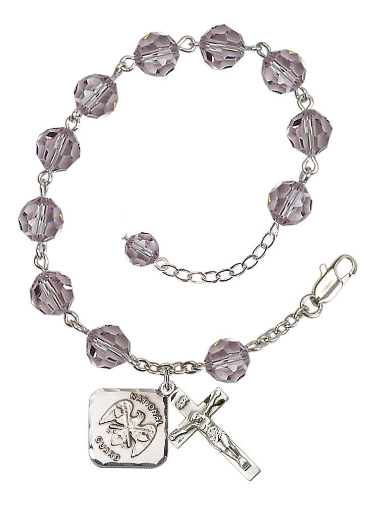 National Guard Diamond Rosary Bracelet, 8mm Austrian Crystal - Silver Plate - Light Amethyst