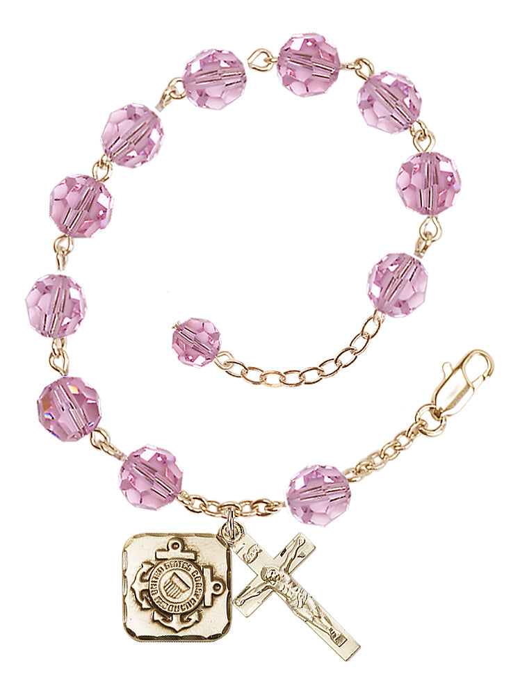 Coast Guard Diamond Rosary Bracelet, 8mm Austrian Crystal - Gold Plate - Light Rose