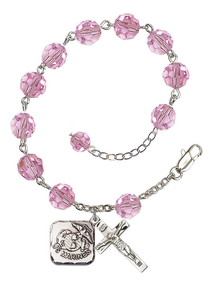 Marines Diamond Rosary Bracelet, 8mm Austrian Crystal - Silver Plate - Light Rose