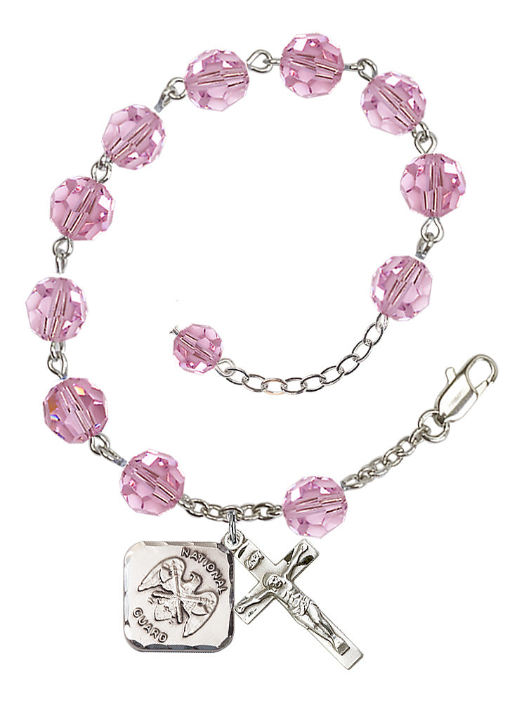 National Guard Diamond Rosary Bracelet, 8mm Austrian Crystal - Silver Plate - Light Rose