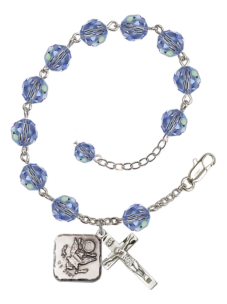 Army Diamond Rosary Bracelet, 8mm Austrian Crystal - Silver Plate - Light Sapphire