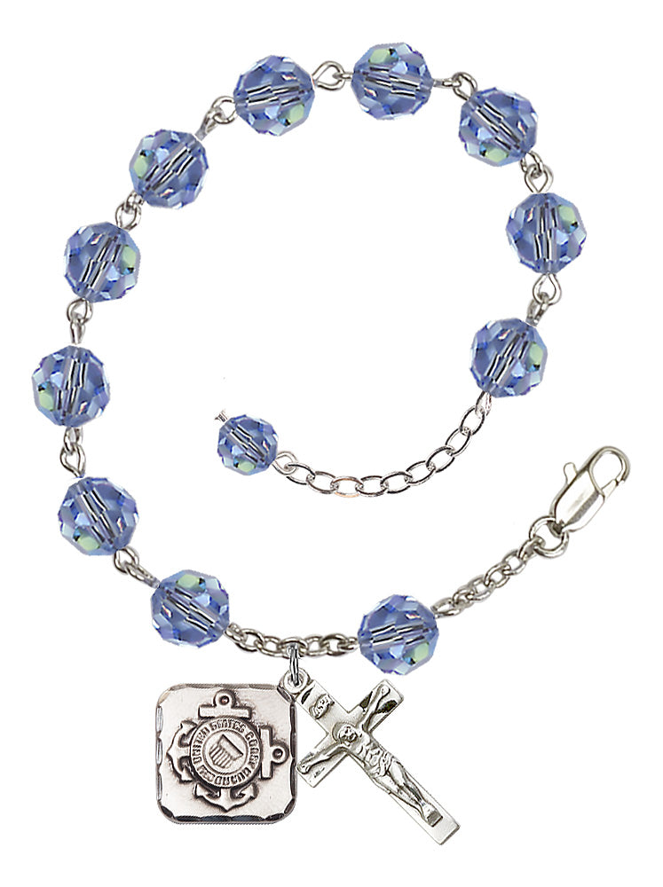 Coast Guard Diamond Rosary Bracelet, 8mm Austrian Crystal - Silver Plate - Light Sapphire