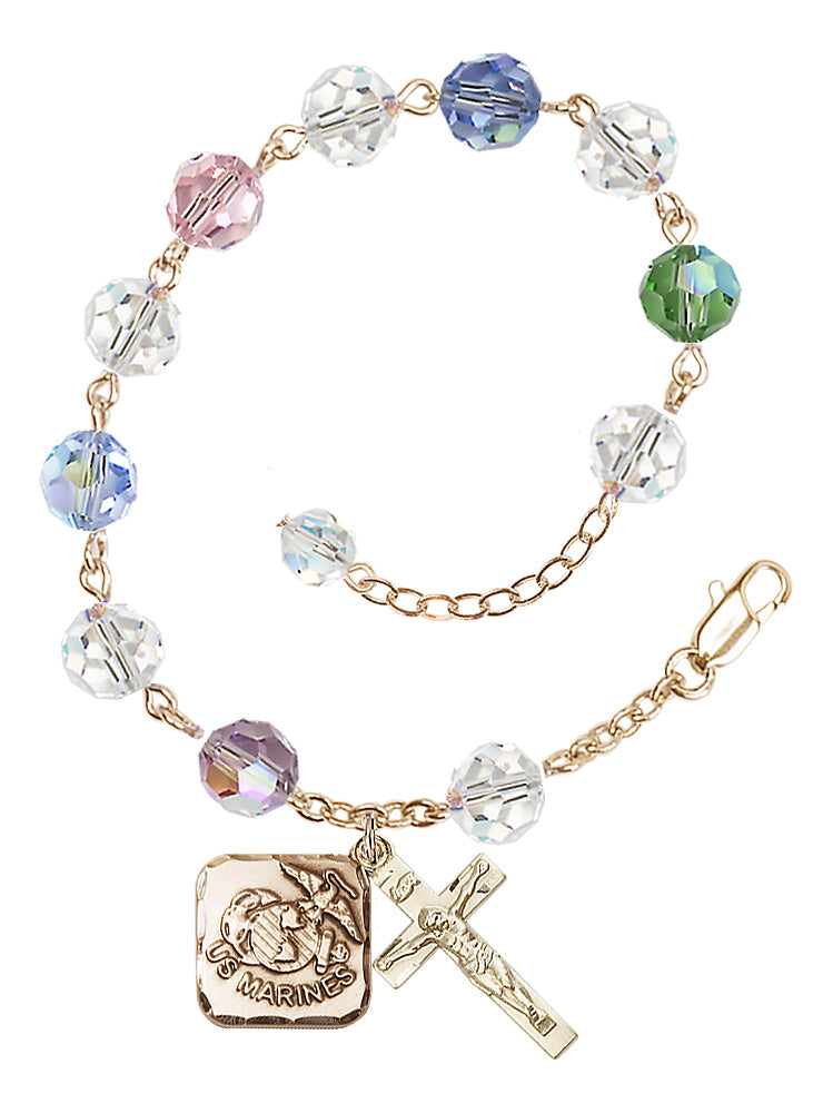 Marines Diamond Rosary Bracelet, 8mm Austrian Crystal - Gold Plate - Multi-Color