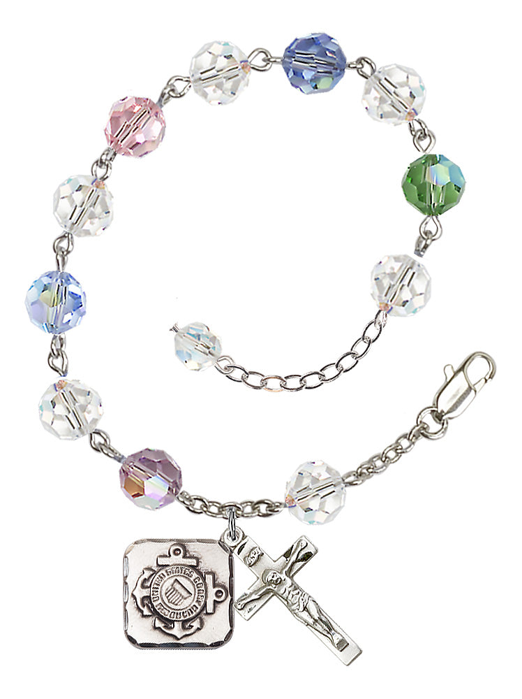Coast Guard Diamond Rosary Bracelet, 8mm Austrian Crystal - Silver Plate - Multi-Color