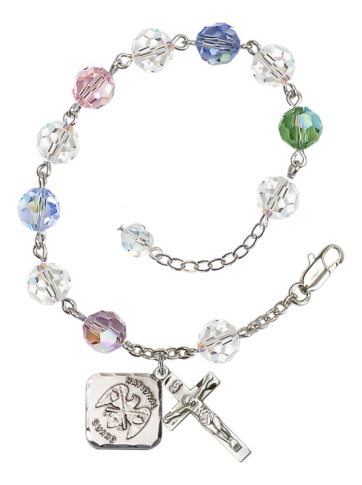 National Guard Diamond Rosary Bracelet, 8mm Austrian Crystal - Silver Plate - Multi-Color