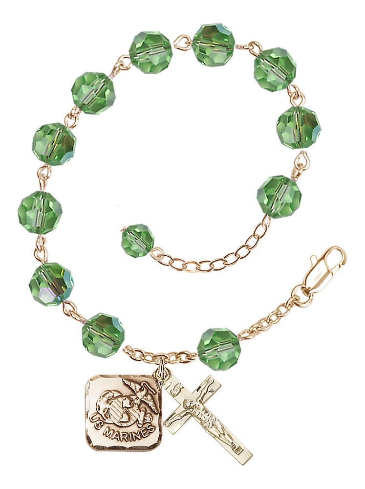 Marines Diamond Rosary Bracelet, 8mm Austrian Crystal - Gold Plate - Peridot