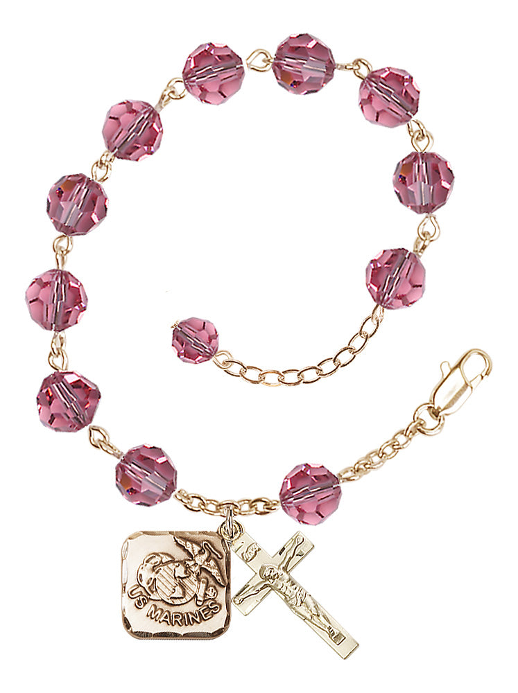 Marines Diamond Rosary Bracelet, 8mm Austrian Crystal - Gold Plate - Rose
