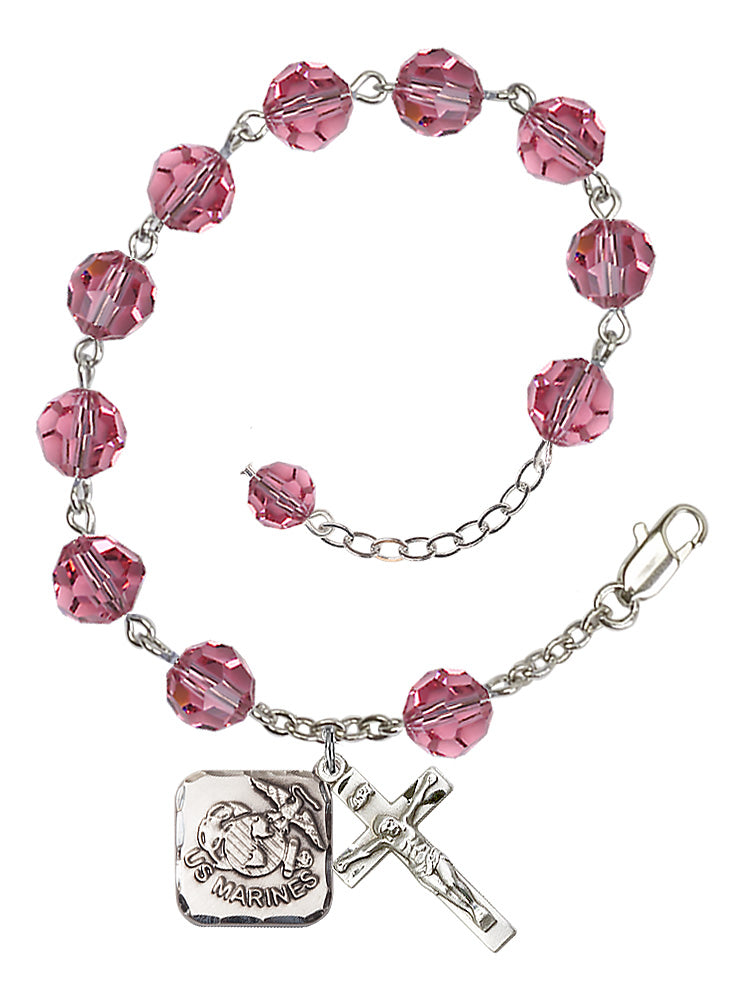 Marines Diamond Rosary Bracelet, 8mm Austrian Crystal - Silver Plate - Rose
