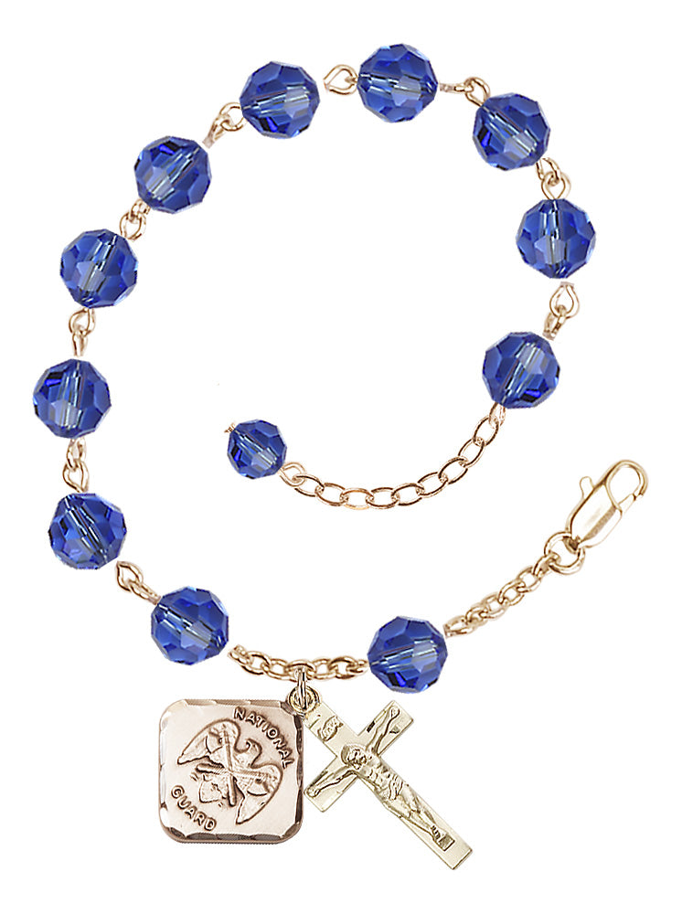 National Guard Diamond Rosary Bracelet, 8mm Austrian Crystal - Gold Plate - Sapphire
