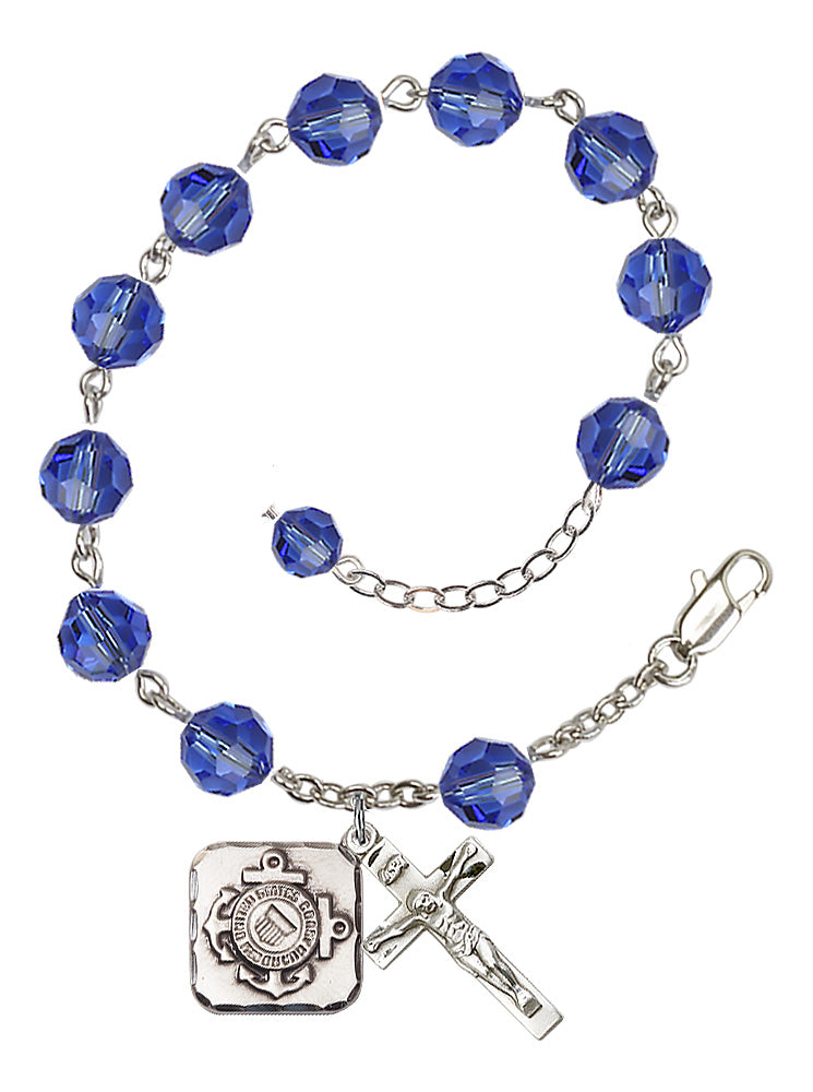 Coast Guard Diamond Rosary Bracelet, 8mm Austrian Crystal - Silver Plate - Sapphire