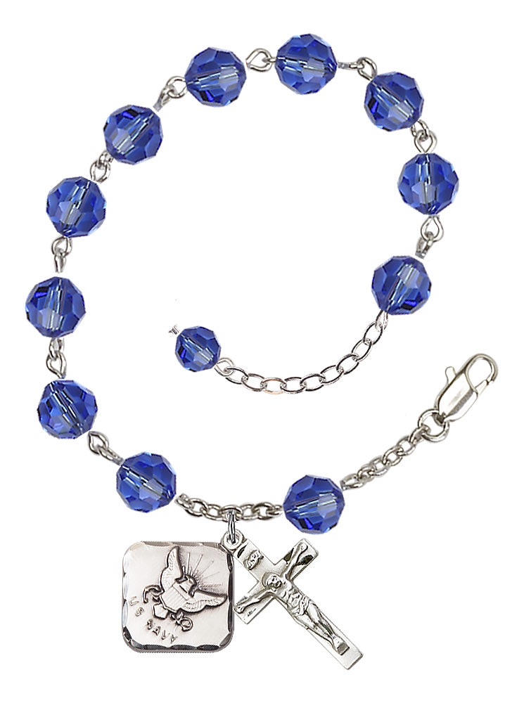 Navy Diamond Rosary Bracelet, 8mm Austrian Crystal - Silver Plate - Sapphire