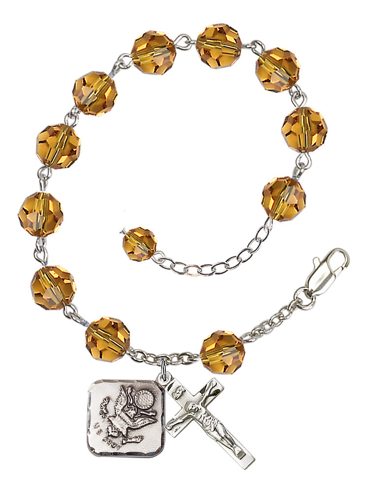 Army Diamond Rosary Bracelet, 8mm Austrian Crystal - Silver Plate - Topaz