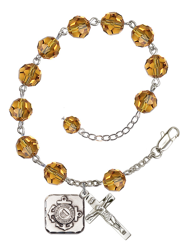 Coast Guard Diamond Rosary Bracelet, 8mm Austrian Crystal - Silver Plate - Topaz