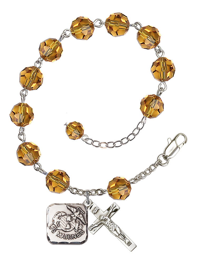 Marines Diamond Rosary Bracelet, 8mm Austrian Crystal - Silver Plate - Topaz