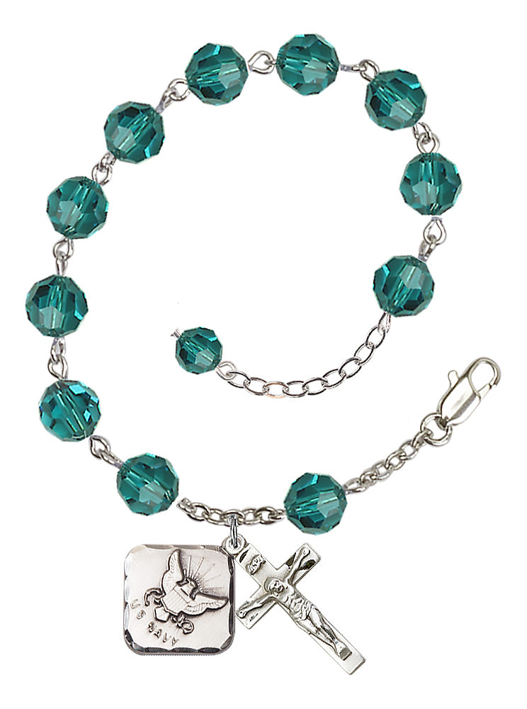 Navy Diamond Rosary Bracelet, 8mm Austrian Crystal - Silver Plate - Zircon