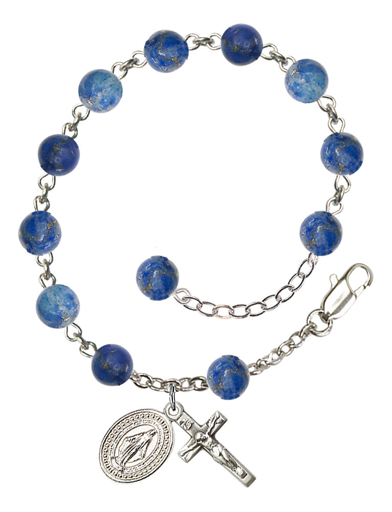 Miraculous Medal Semi-Precious Stone Rosary Bracelet - Silver Plate - Sodalite