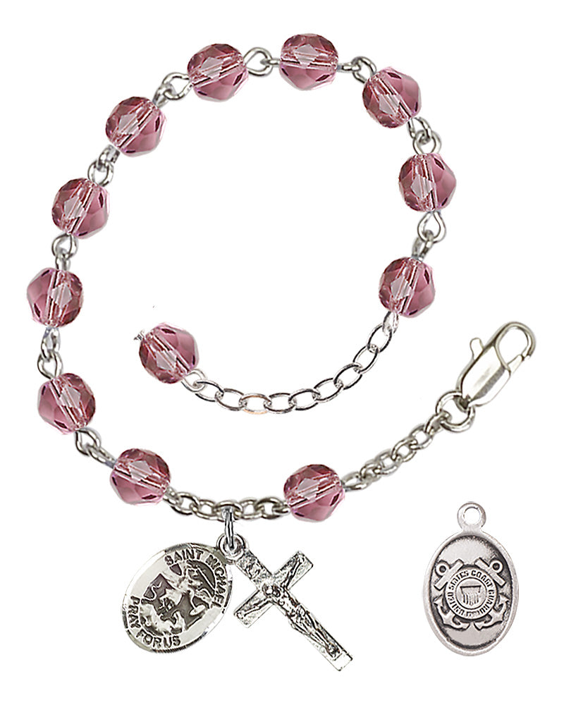 Saint Michael Coast Guard Rosary Bracelet, 6mm Fire Polished - Silver Plate - Amethyst