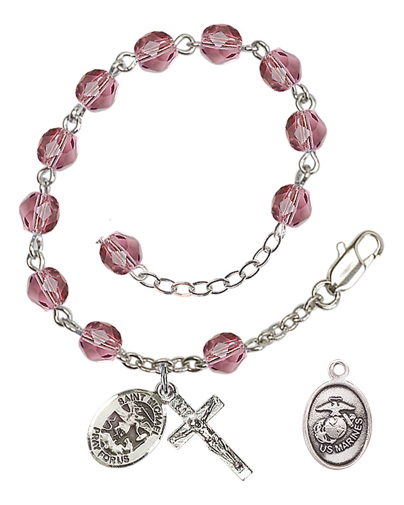 Saint Michael Marines Rosary Bracelet, 6mm Fire Polished - Silver Plate - Amethyst