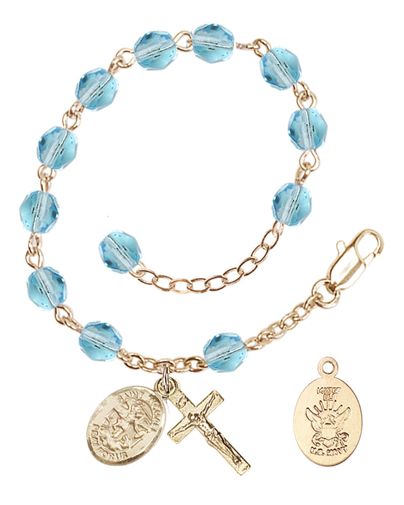 Saint Michael Navy Rosary Bracelet, 6mm Fire Polished - Gold Plate - Aqua