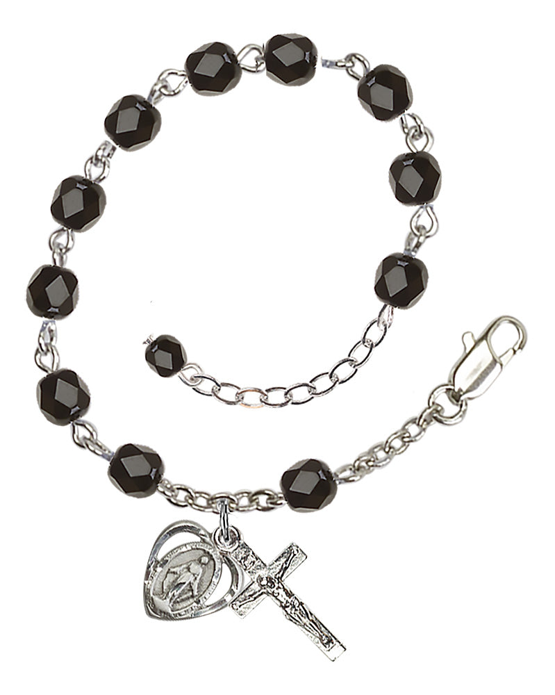 6mm Fire Polished Miraculous Heart Rosary Bracelet - Silver Plate - Black