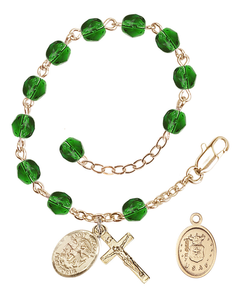 Saint Michael Air Force Rosary Bracelet, 6mm Fire Polished - Gold Plate - Emerald
