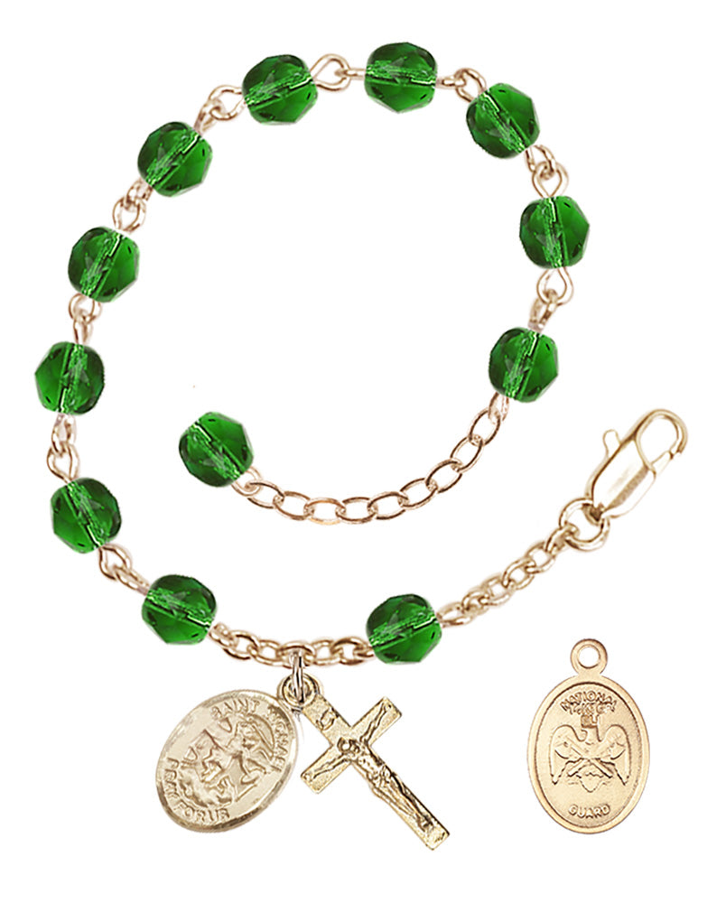 Saint Michael National Guard Rosary Bracelet, 6mm Fire Polished - Gold Plate - Emerald
