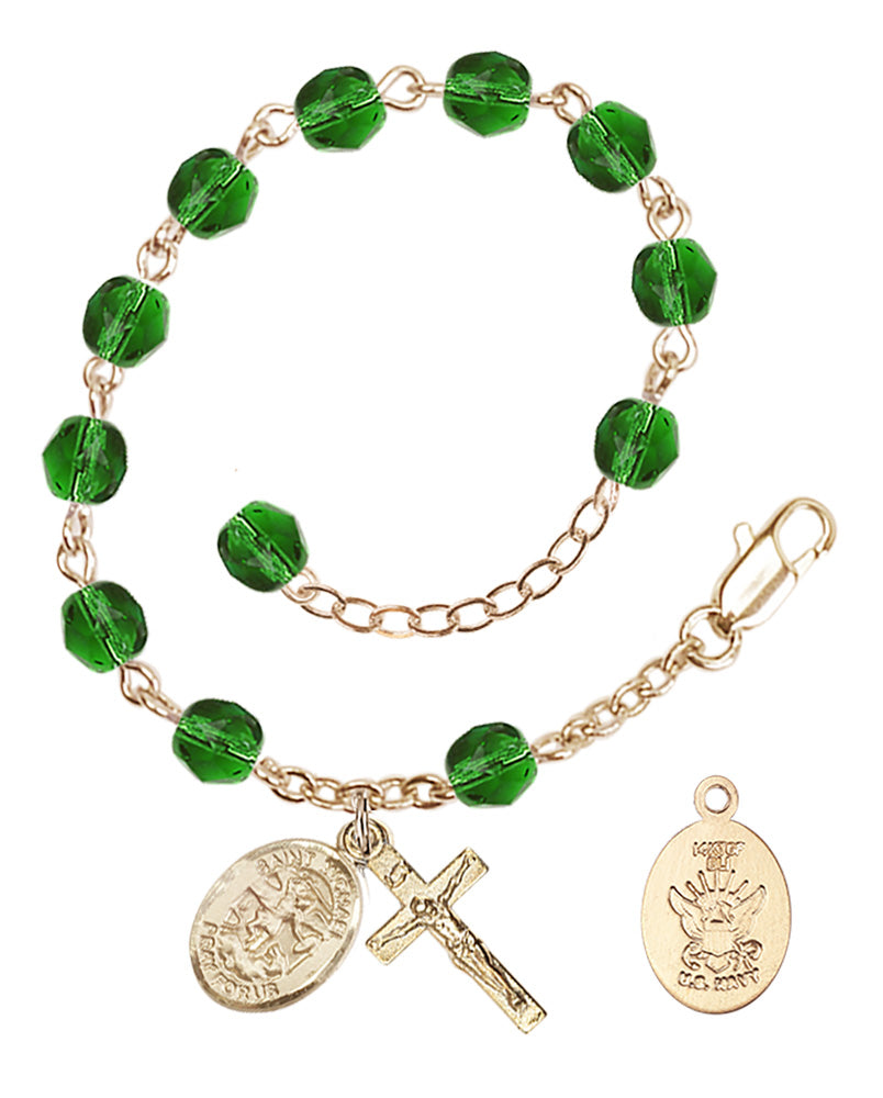 Saint Michael Navy Rosary Bracelet, 6mm Fire Polished - Gold Plate - Emerald