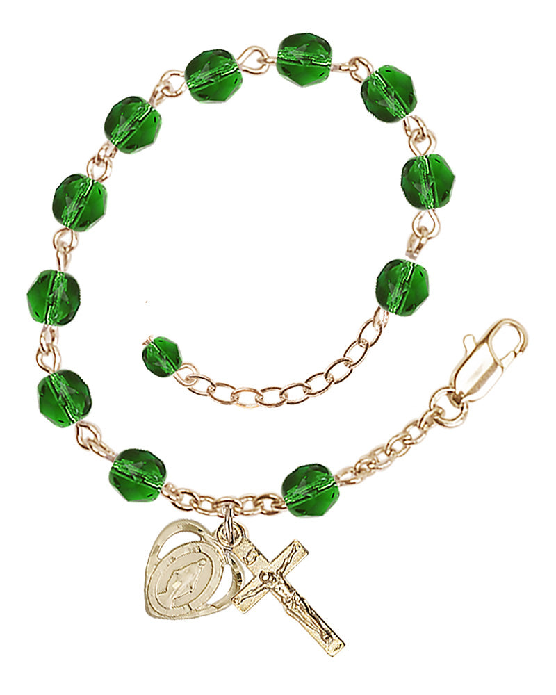 6mm Fire Polished Miraculous Heart Rosary Bracelet - Gold Plate - May - Emerald