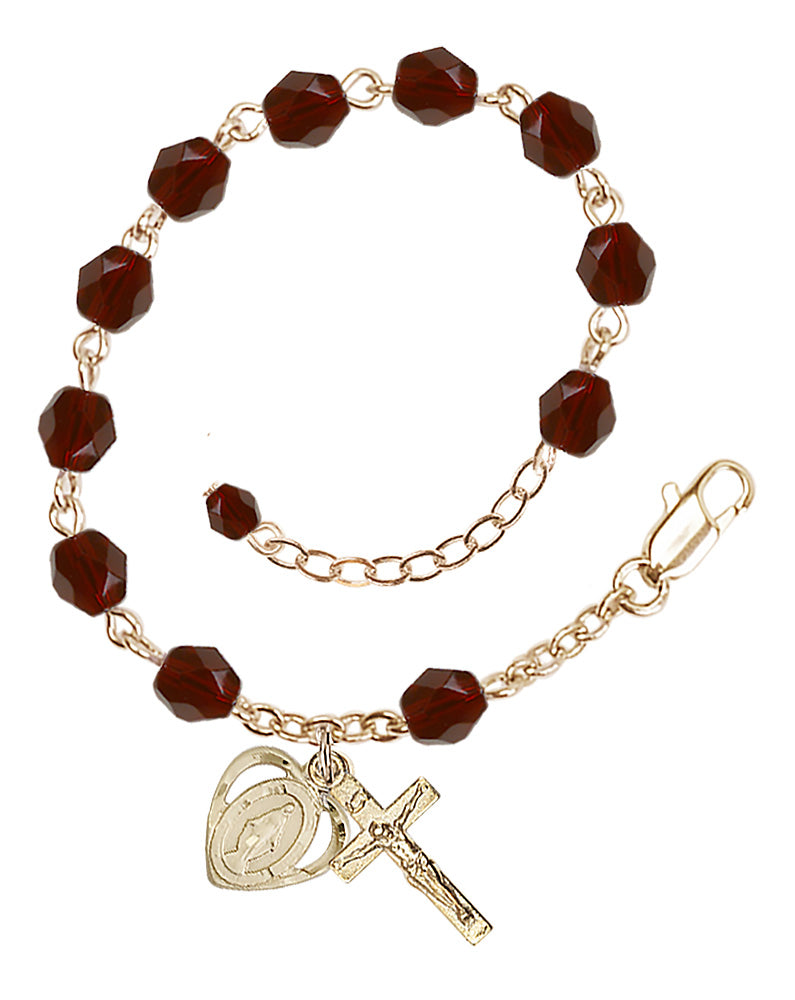 6mm Fire Polished Miraculous Heart Rosary Bracelet - Gold Plate - January - Garnet