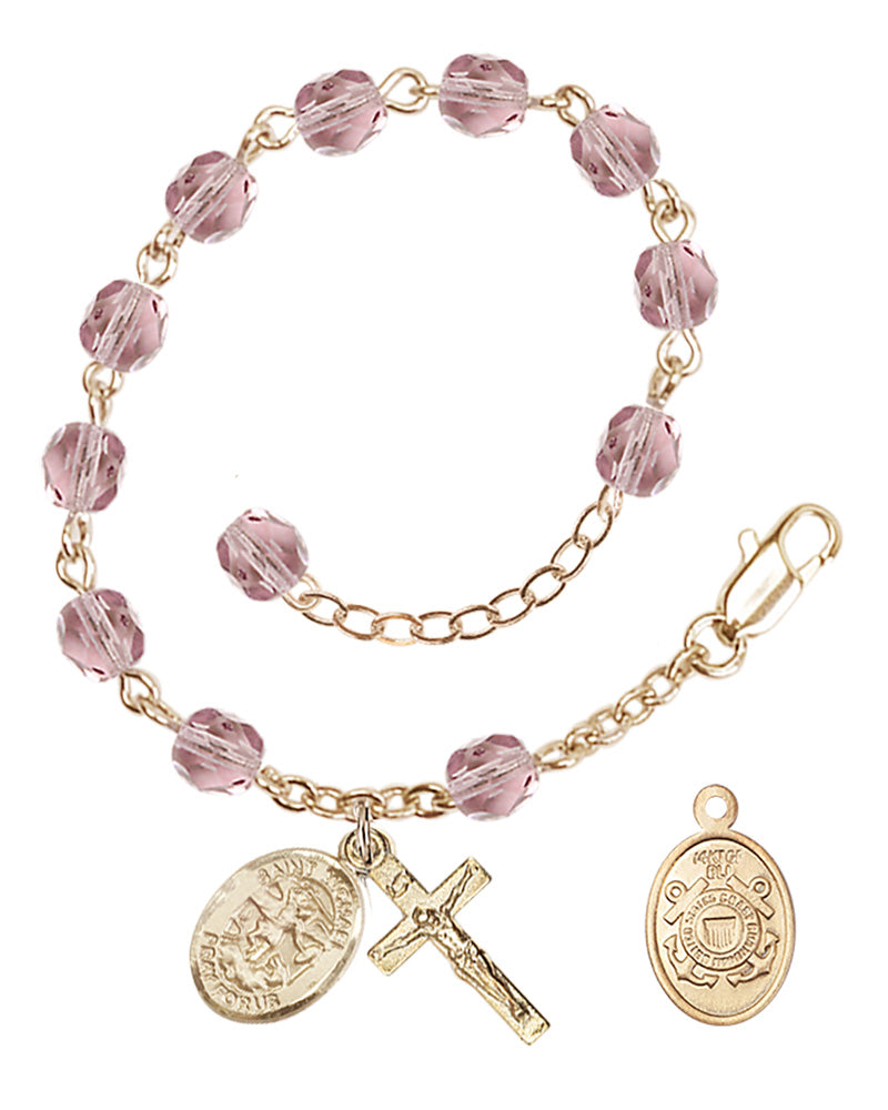 Saint Michael Coast Guard Rosary Bracelet, 6mm Fire Polished - Gold Plate - Light Amethyst