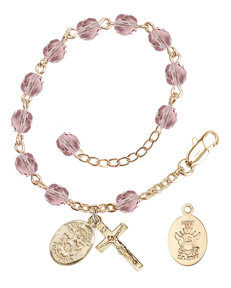 Saint Michael Navy Rosary Bracelet, 6mm Fire Polished - Gold Plate - Light Amethyst
