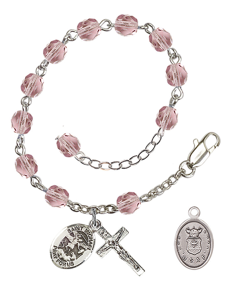 Saint Michael Air Force Rosary Bracelet, 6mm Fire Polished - Silver Plate - Light Amethyst