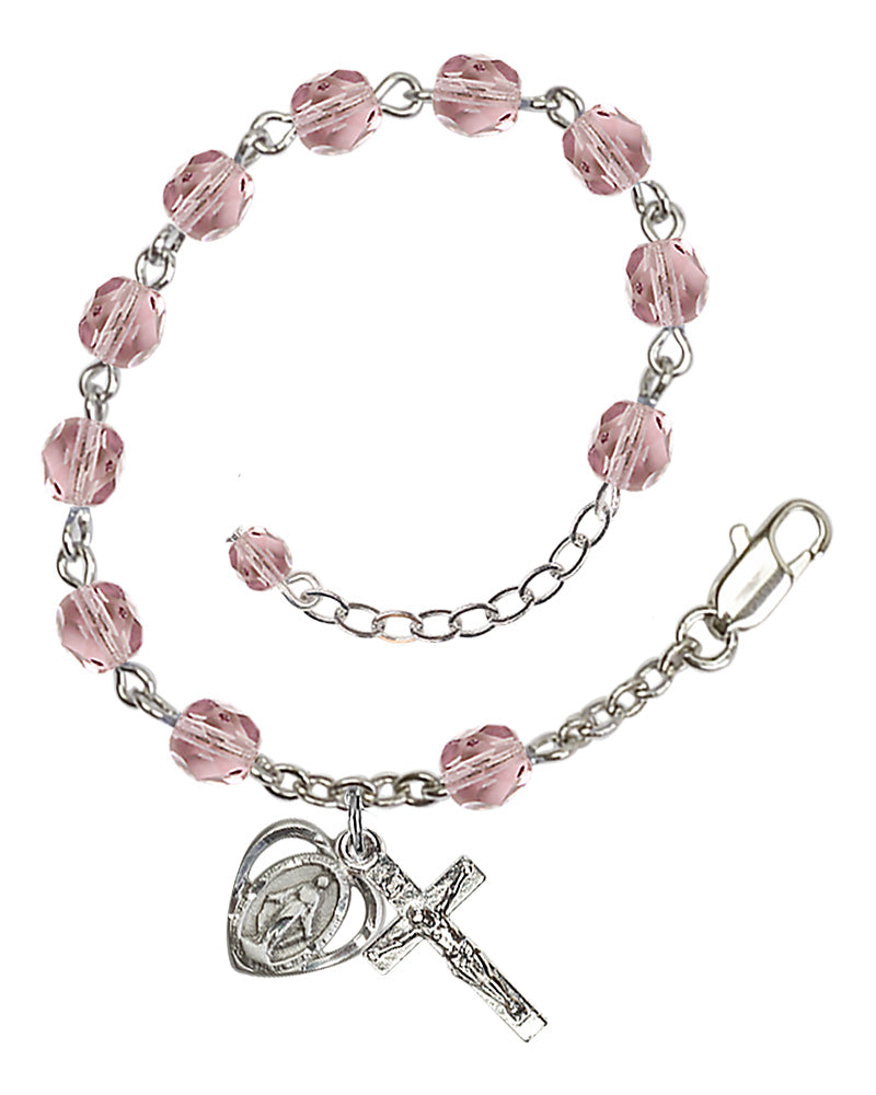 6mm Fire Polished Miraculous Heart Rosary Bracelet - Silver Plate - June - Light Amethyst