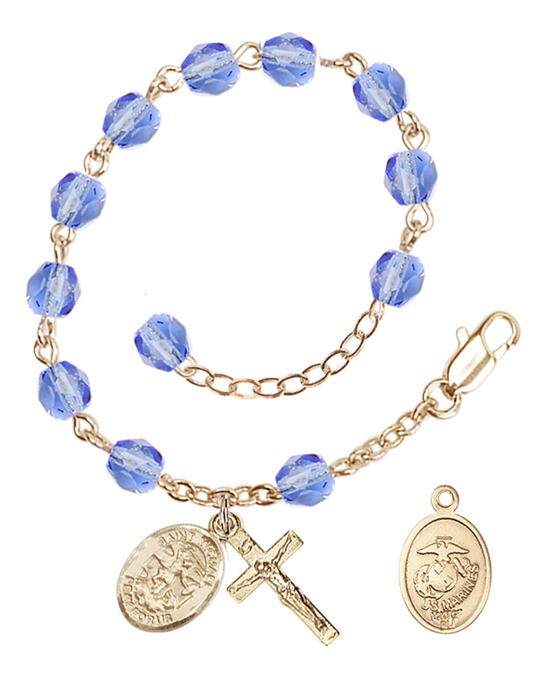 Saint Michael Marines Rosary Bracelet, 6mm Fire Polished - Gold Plate - Light Sapphire