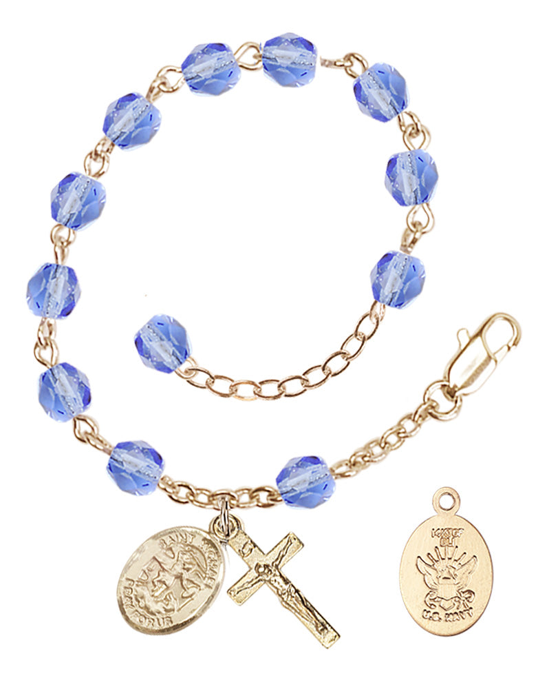Saint Michael Navy Rosary Bracelet, 6mm Fire Polished - Gold Plate - Light Sapphire