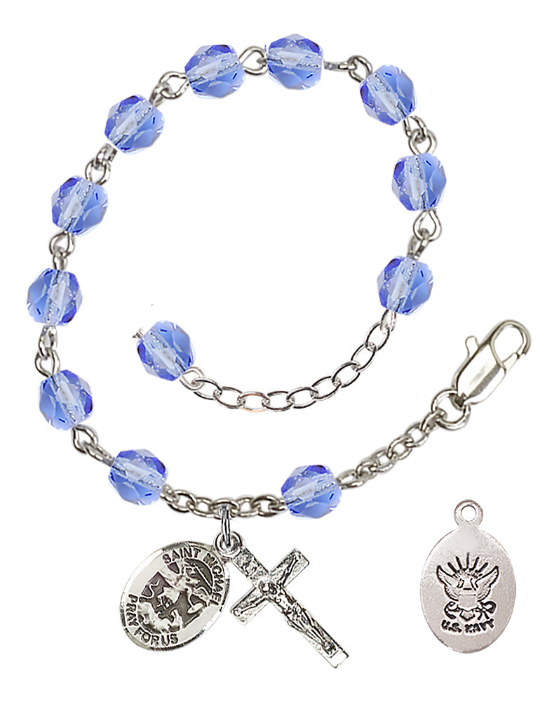 Saint Michael Navy Rosary Bracelet, 6mm Fire Polished - Silver Plate - Light Sapphire