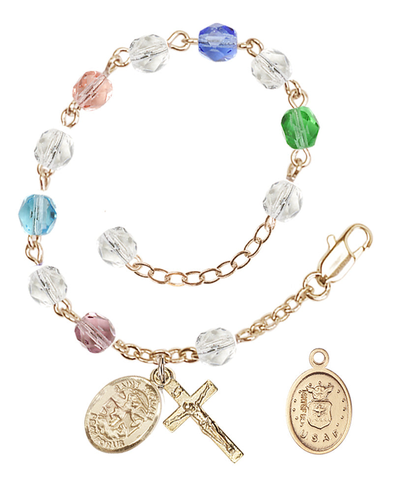 Saint Michael Air Force Rosary Bracelet, 6mm Fire Polished - Gold Plate - Multi-Color