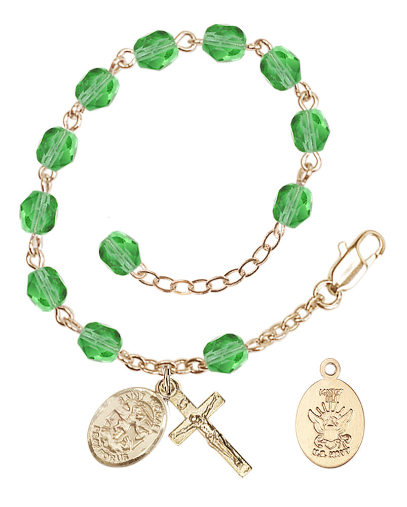 Saint Michael Navy Rosary Bracelet, 6mm Fire Polished - Gold Plate - Peridot