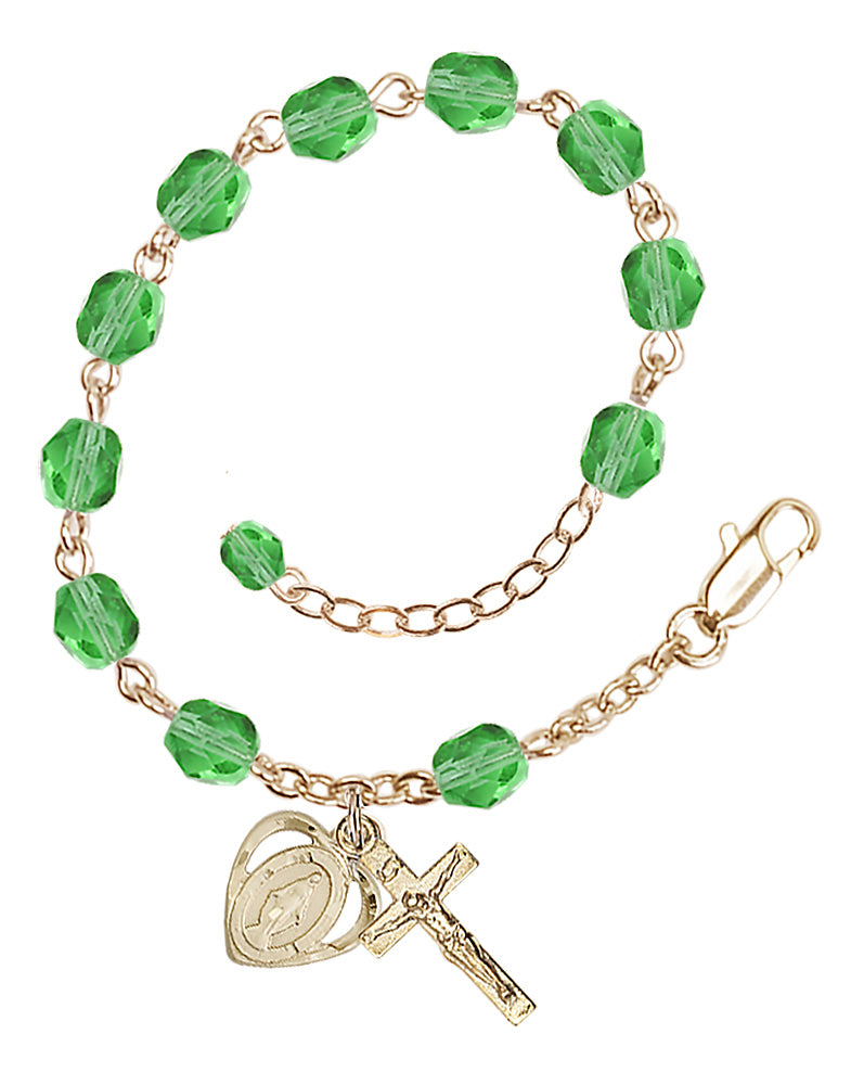 6mm Fire Polished Miraculous Heart Rosary Bracelet - Gold Plate - August - Peridot