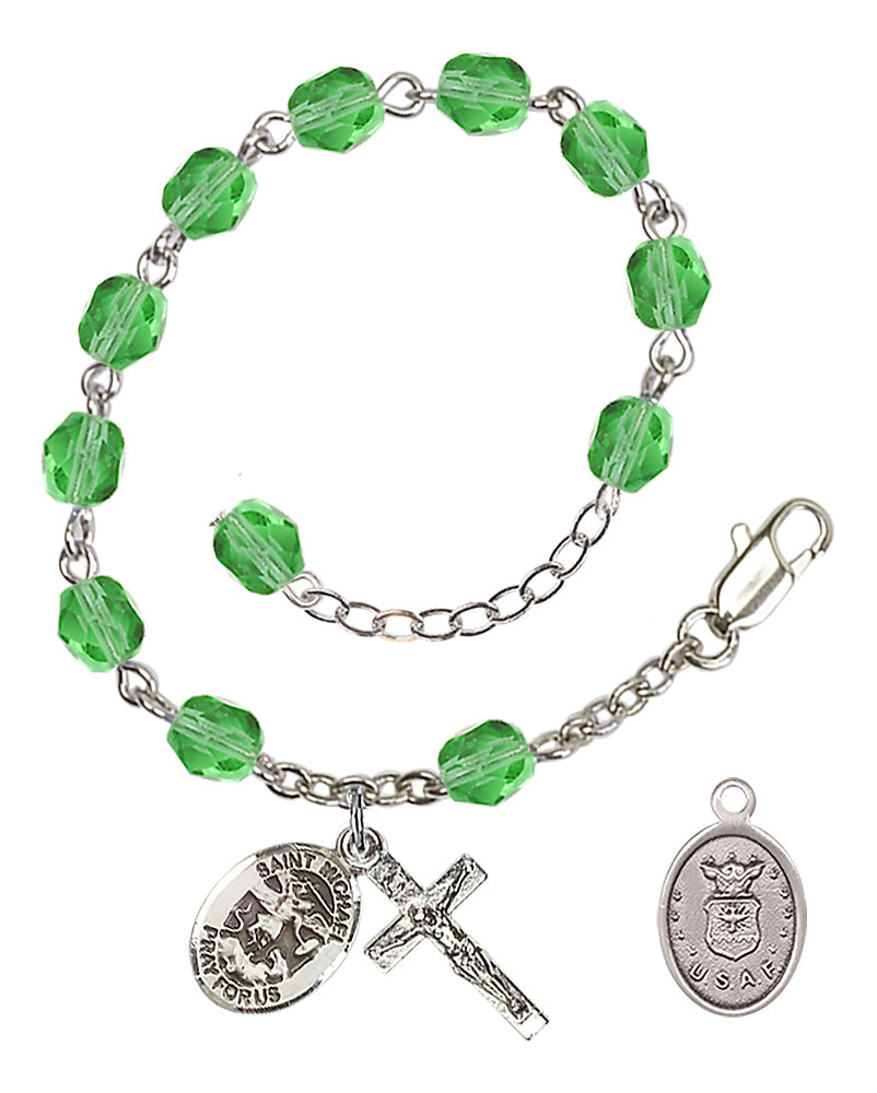 Saint Michael Air Force Rosary Bracelet, 6mm Fire Polished - Silver Plate - Peridot