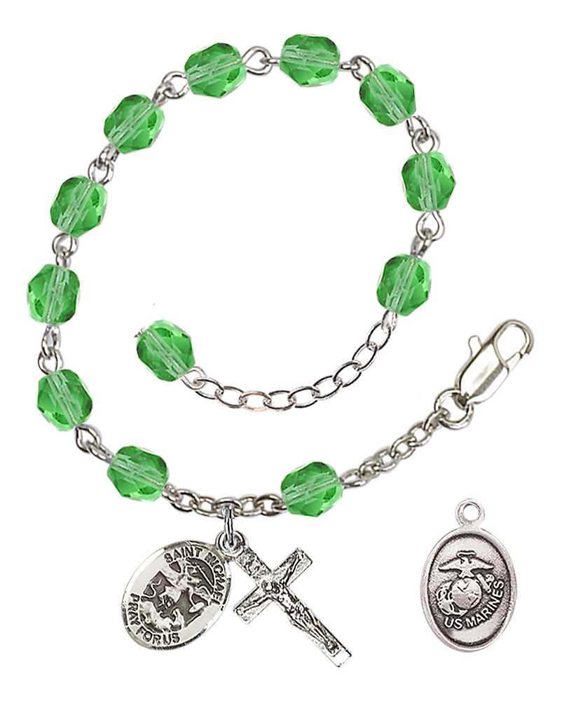 Saint Michael Marines Rosary Bracelet, 6mm Fire Polished - Silver Plate - Peridot