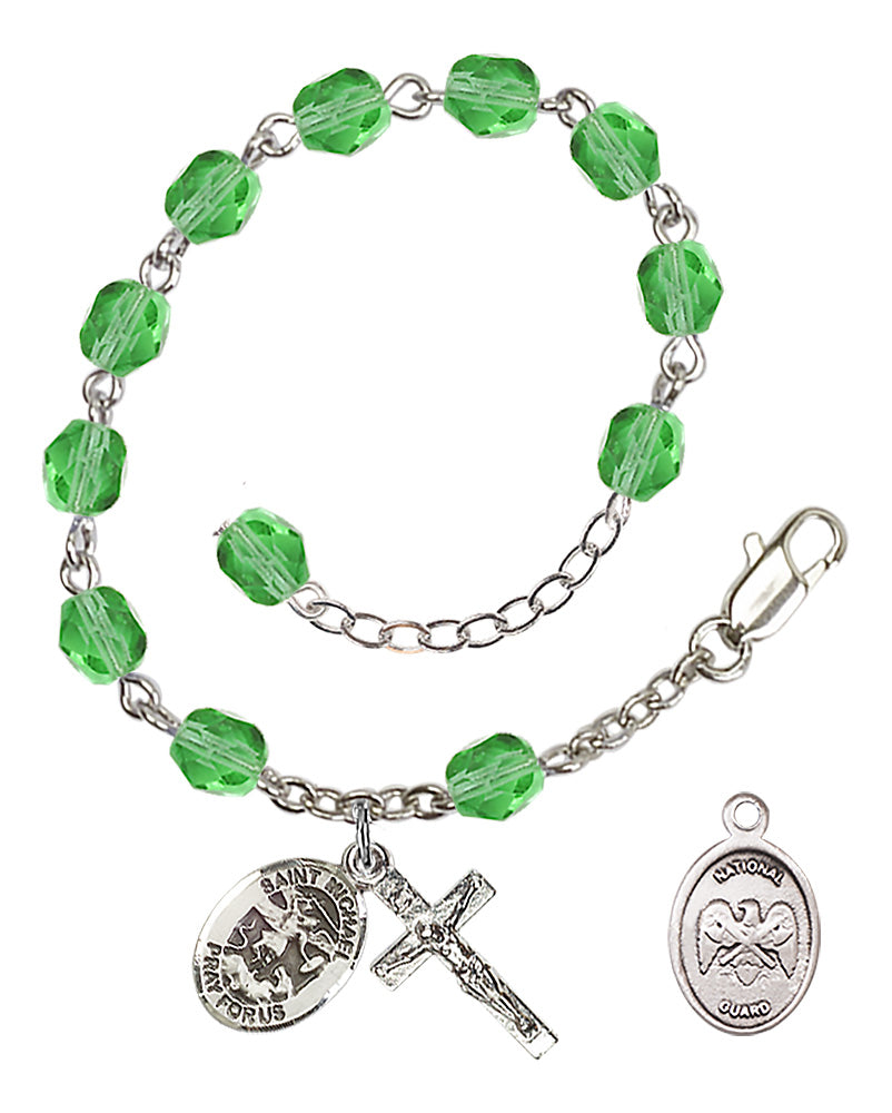 Saint Michael National Guard Rosary Bracelet, 6mm Fire Polished - Silver Plate - Peridot