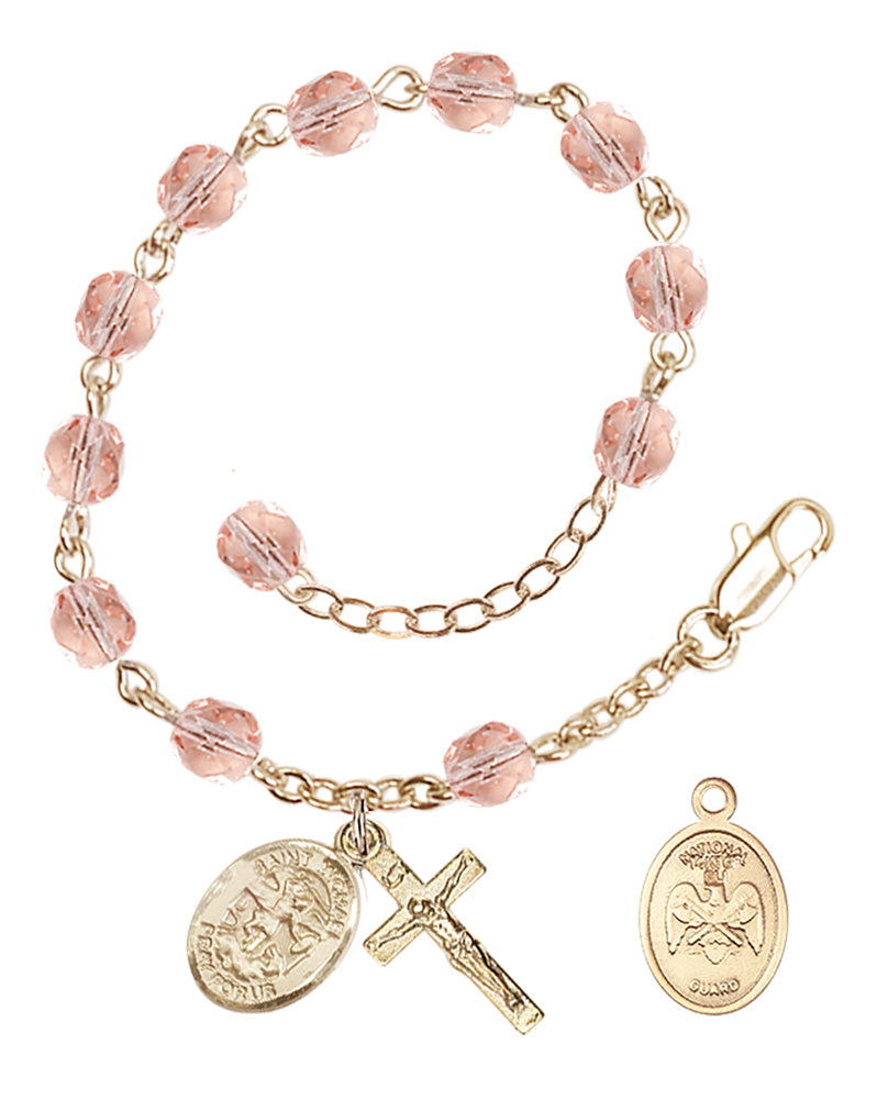 Saint Michael National Guard Rosary Bracelet, 6mm Fire Polished - Gold Plate - Pink