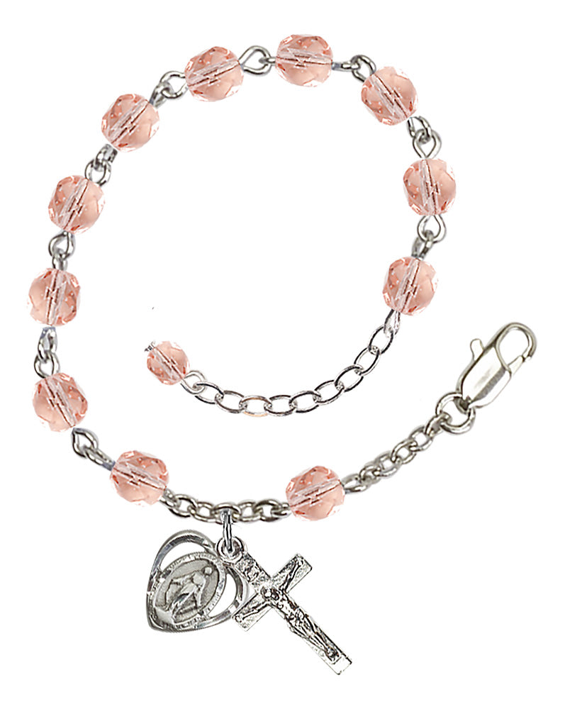 6mm Fire Polished Miraculous Heart Rosary Bracelet - Silver Plate - October - Pink