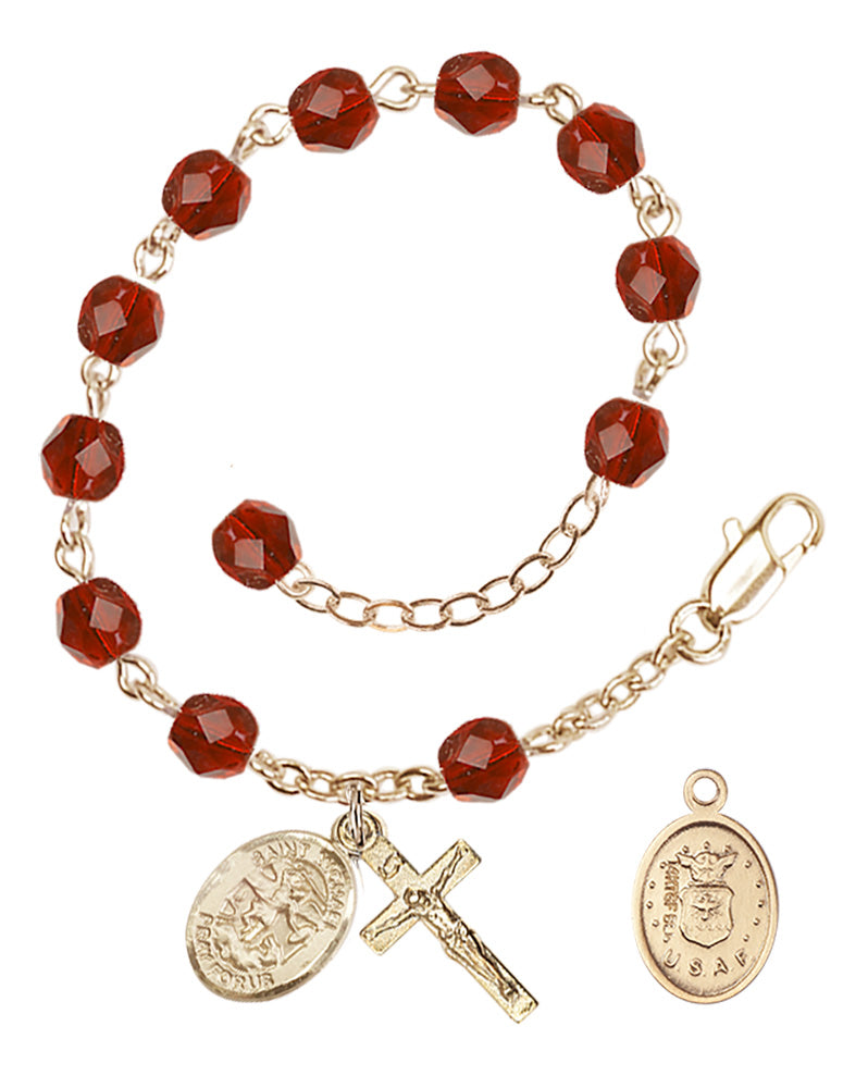 Saint Michael Air Force Rosary Bracelet, 6mm Fire Polished - Gold Plate - Ruby