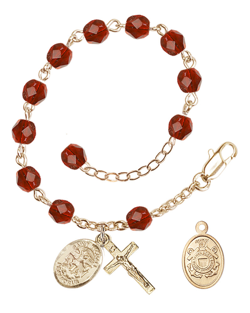 Saint Michael Coast Guard Rosary Bracelet, 6mm Fire Polished - Gold Plate - Ruby