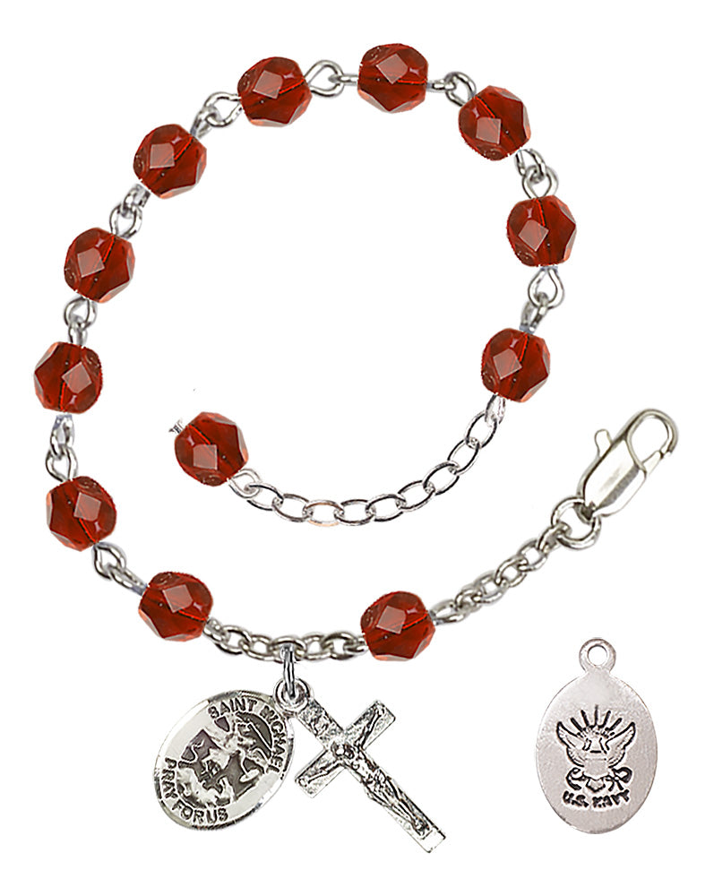 Saint Michael Navy Rosary Bracelet, 6mm Fire Polished - Silver Plate - Ruby